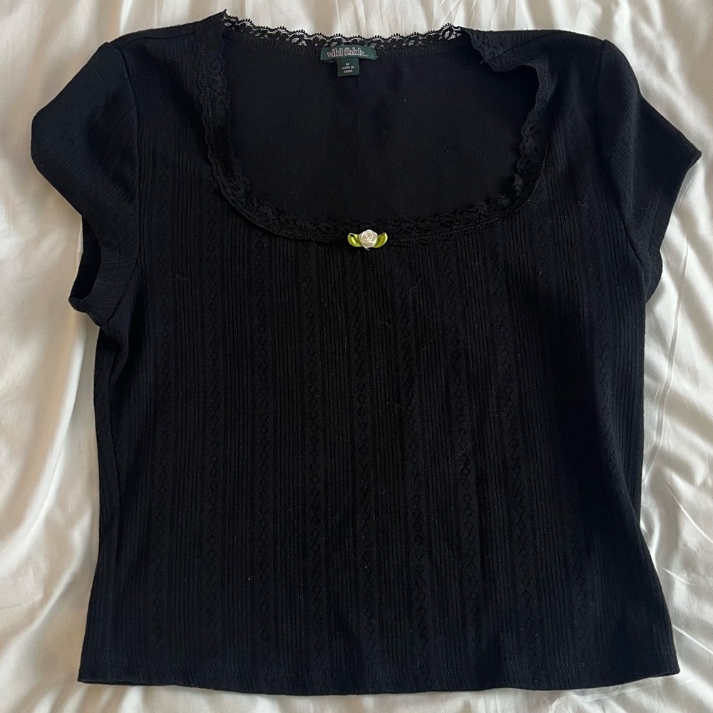 Vintage Black Lace- Trimmed Square Neck Blouse